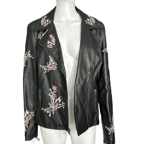 Alfani Jackets & Blazers - NWT Alfani Womens Black Floral Embroidered Jacket Sz S Faux Leather Moto Biker